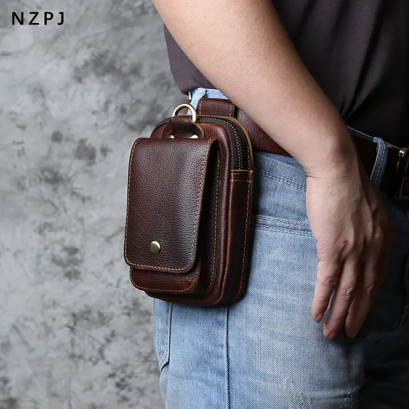 

NZPJ Genuine Leather Men's Waist Bag Top Layer Cowhide Fashion Hook Bag Leisure Belt Bag Cigarette Box 6.5-inch Mobile Phone Bag