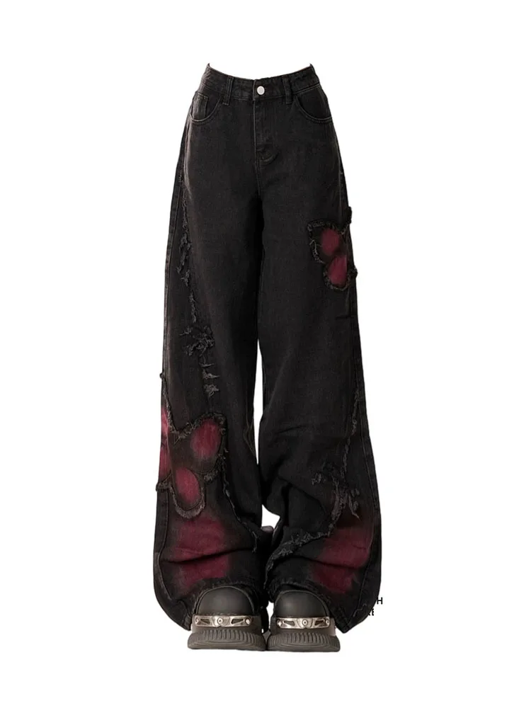 

New Design Gyaru Black Jeans Woman Denim Trousers Vintage High Waist Wide Leg Pants Painted Baggy Street Casual Tide Streetwear