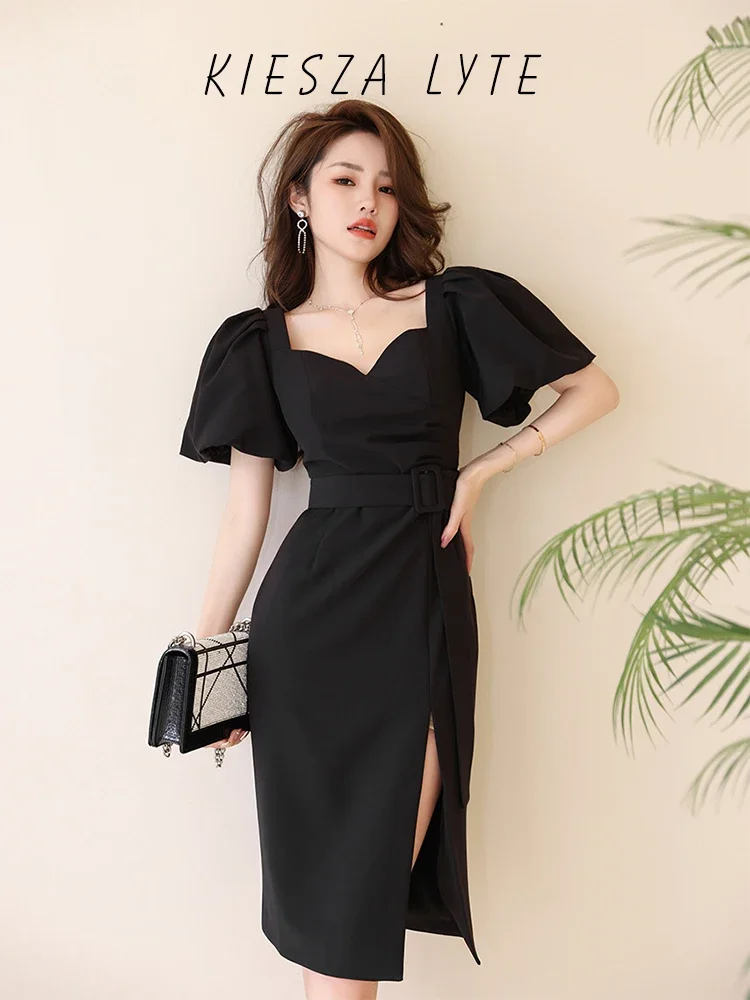 

2024 summer Slim Fit Evening Dress Black Commute Formal Dress Hepburn Style Bubble Sleeve Belted Dress slit vintage dresses