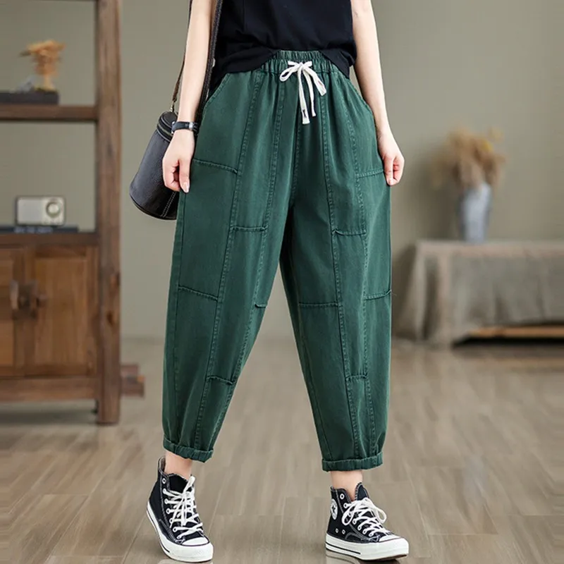 

Women Casual Harem Pants New Arrival 2024 Spring Vintage Style Solid Color Basics Loose Female Ankle-length Cotton Pants B3742