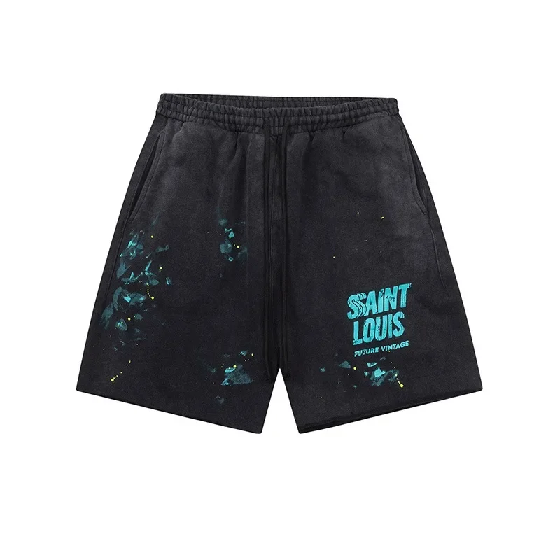 

2024 new unisex washed black SAINT LOUIS handmade distressed, dirty, and splashed ink damaged logo casual shorts