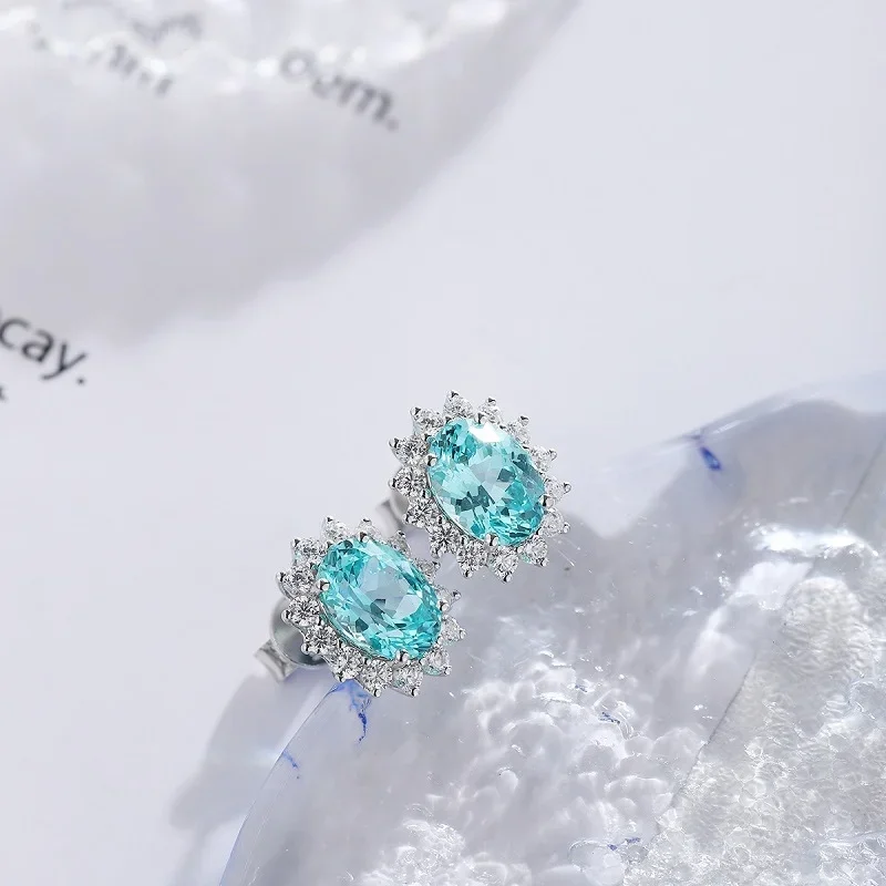 

RUIF S925 Silver 4.14ct Lab Grown Paraiba Sapphire Earring Studs Engagement Jewelry Women