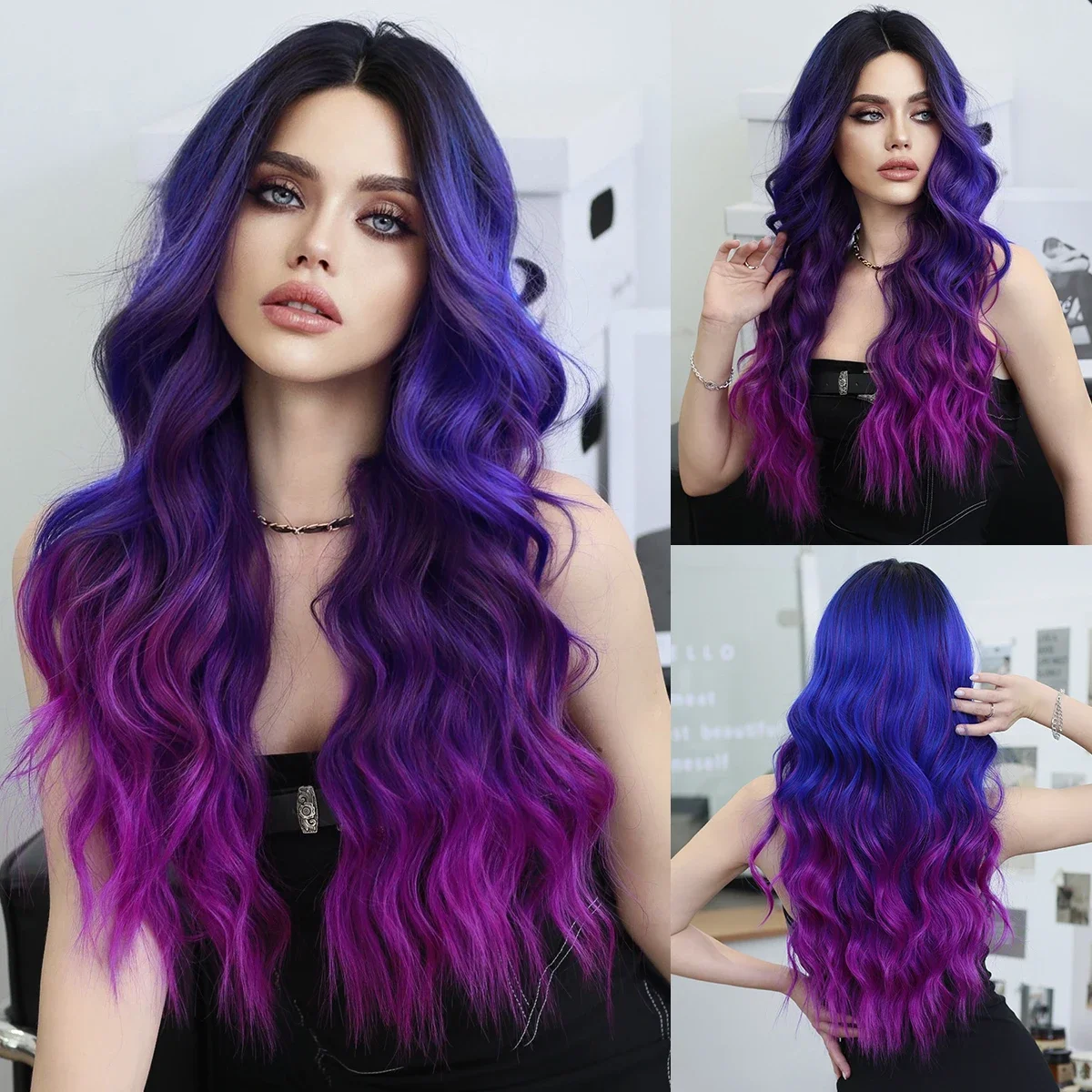 

NAMM Lace Front Wig Synthetic Dream Blue Purple Highlights Long Wavy Wig for Women Natural Looking Lace Mid Split Wig