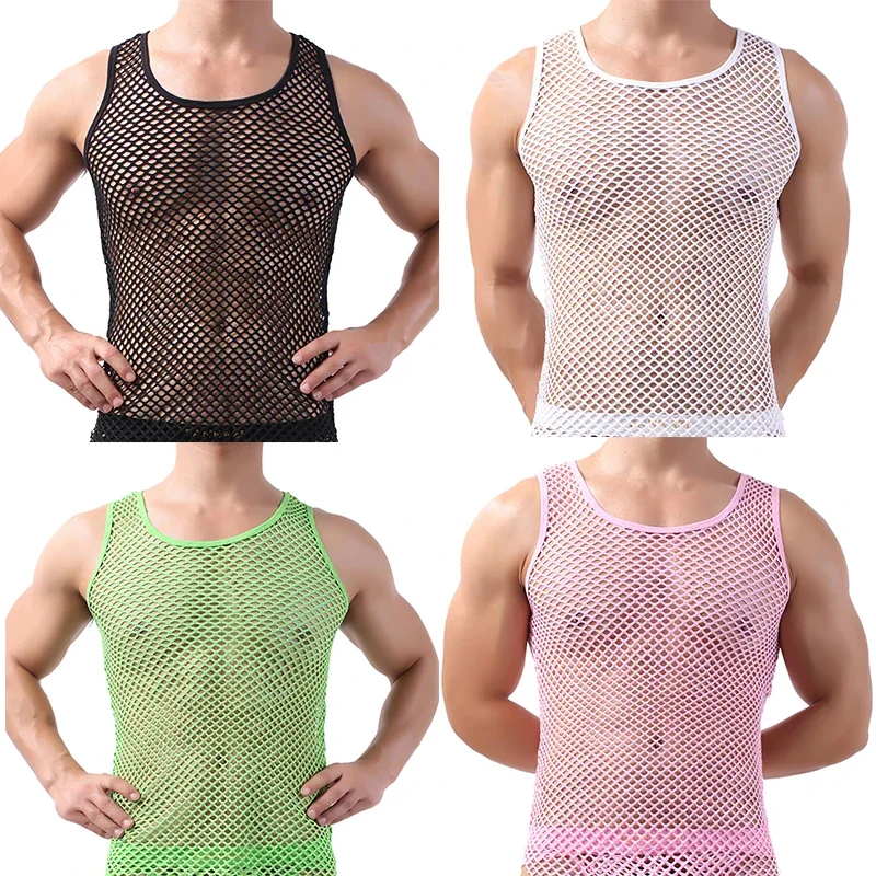 

Sexy Mens Undershirts Mesh Transparent Tank Tops Fishnet Breathable Sleeveless Shirts Sleepwear Sports Fitness Casual Camiseta