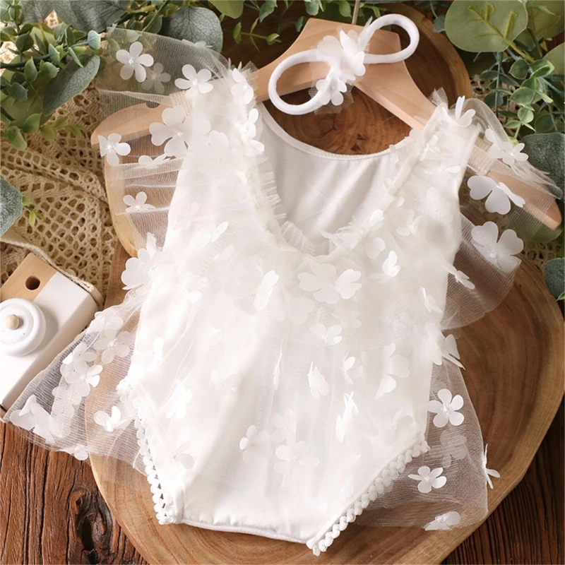 

Newborn Baby Girl Lace Romper Headband set Photography Props Photo Lace Bodysuit & Flower Headband for 0-1month
