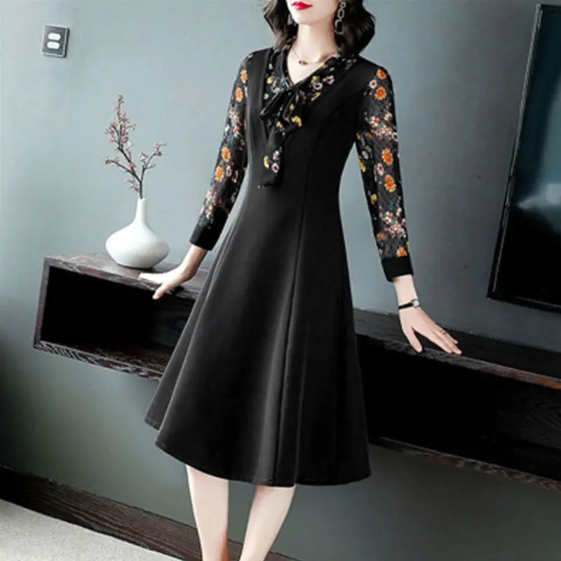 

Women's Clothing 2023 Printing Simplicity Elegant Slim O-neck Fashion Long Sleeve Patchwork Lacing Thin Summer Pullovers Dresses