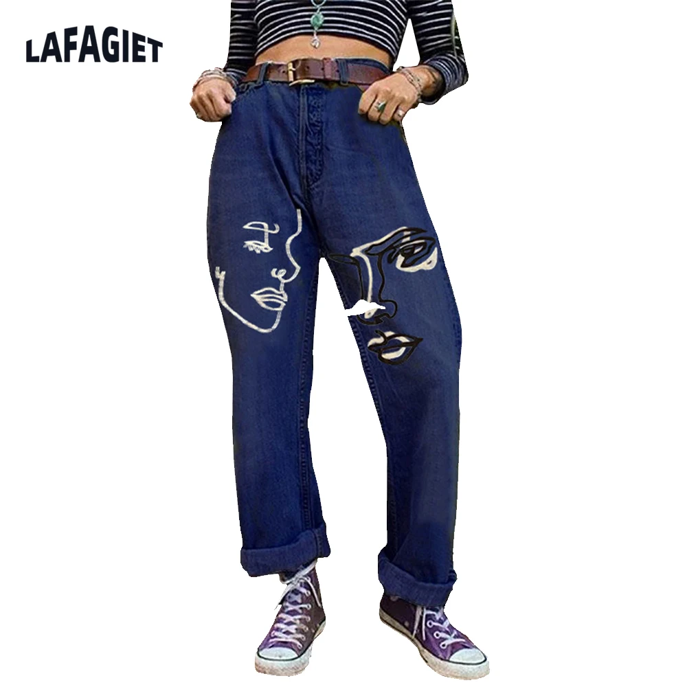 

Fashion Women Jeans Love Printed Straight Leg Baggy Denim Pants Casual High Street Mom Jeans Zipper Fly Dark Blue Jean Trousers