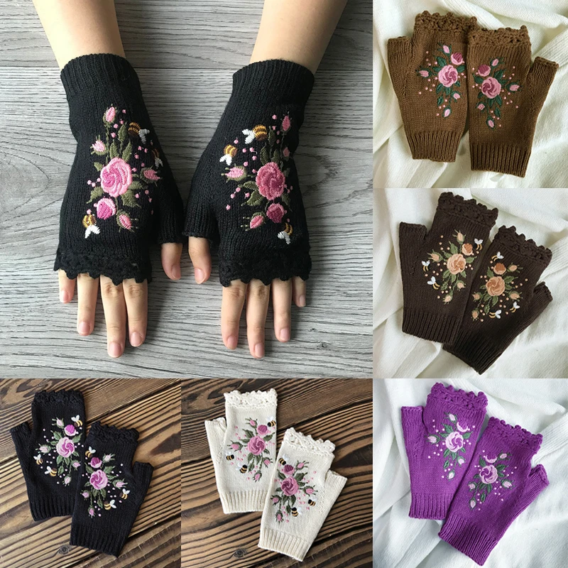Women Crochet Half Finger Gloves Flower Embroidery Knitted Fingerless Winter Mittens
Women Crochet Half Finger Gloves Flower Embroidery Knitted Fingerless Winter Mittens
