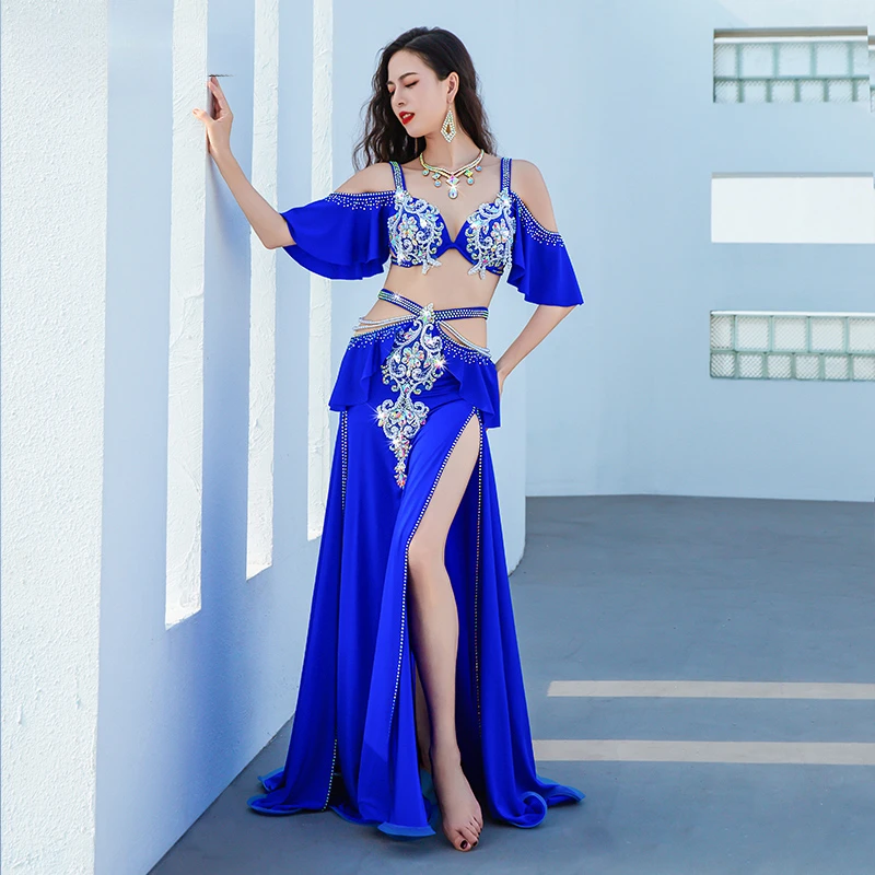 

Belly Dance Costume Suit Women Senior Stones Bra+Satin Long Skirt Competition Oriental Performance Suit Bellydance Outfit