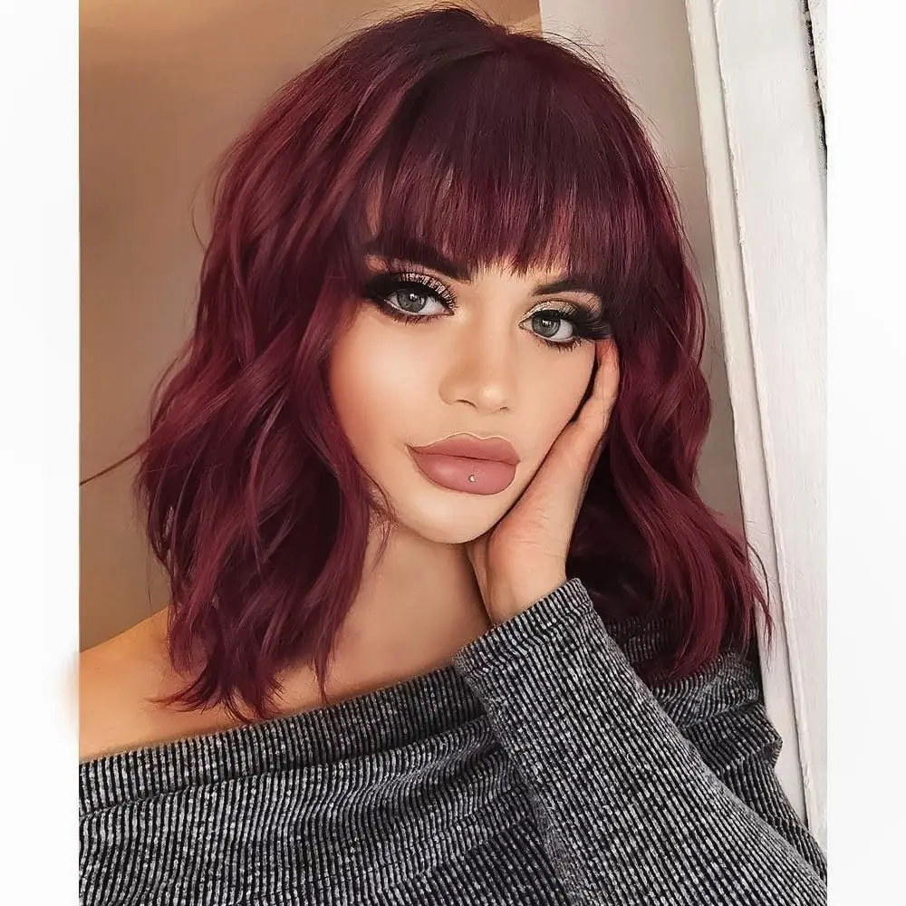 

ROGESS HAIR Curly Bob Wig with Bangs Short Wavy Wine Red Color Wigs for Women Bob Style Synthetic Heat Resistant Bob Wigs