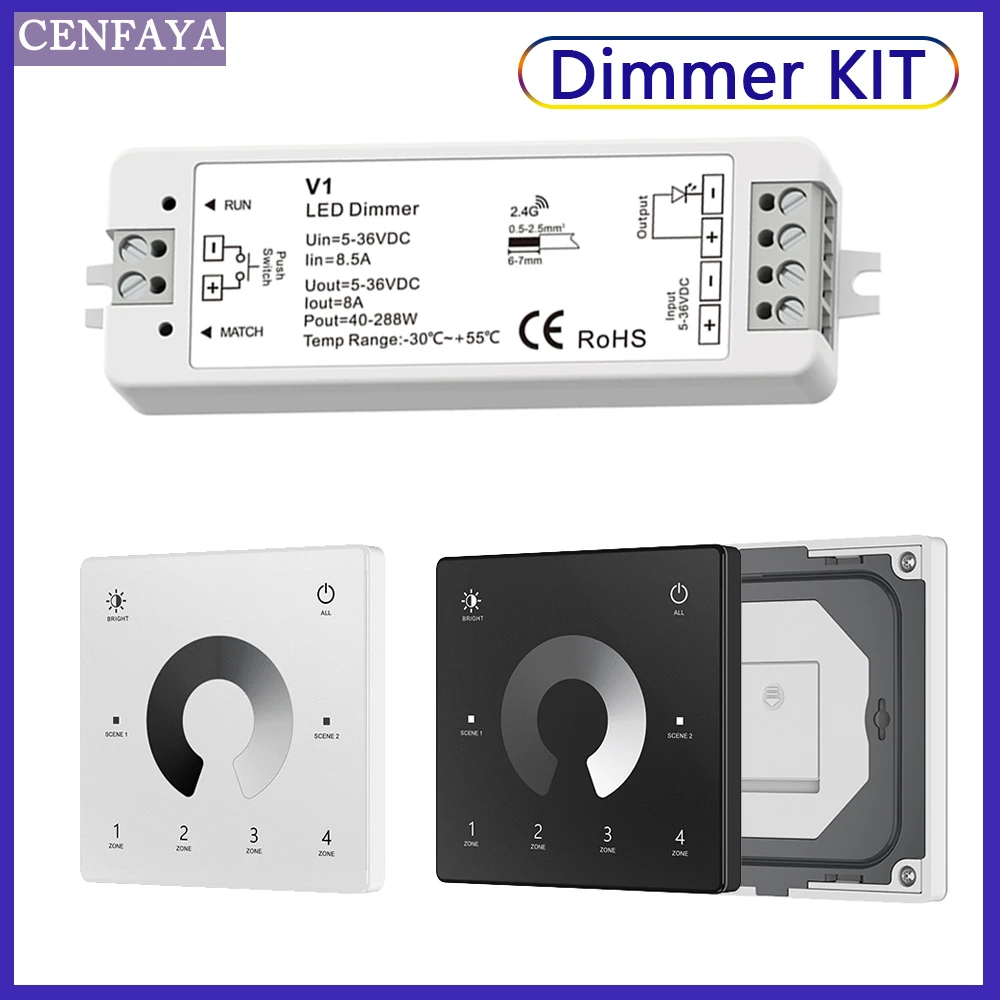 

V1 LED Dimmer 1 CH 5V 12V 24V 36V 4 Zone Single Color LED Strip Dimming Kit Wireless 2.4G RF Remote Control Touch Switch Dimer