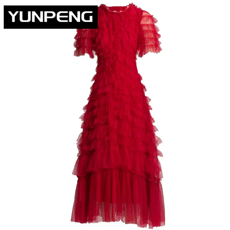 Summer Runway Fashion Dress Women's Short sleeve Cascading Ruffle Red Mesh Vintage Party Dresses Vestidos
Summer Runway Fashion Dress Women's Short sleeve Cascading Ruffle Red Mesh Vintage Party Dresses Vestidos