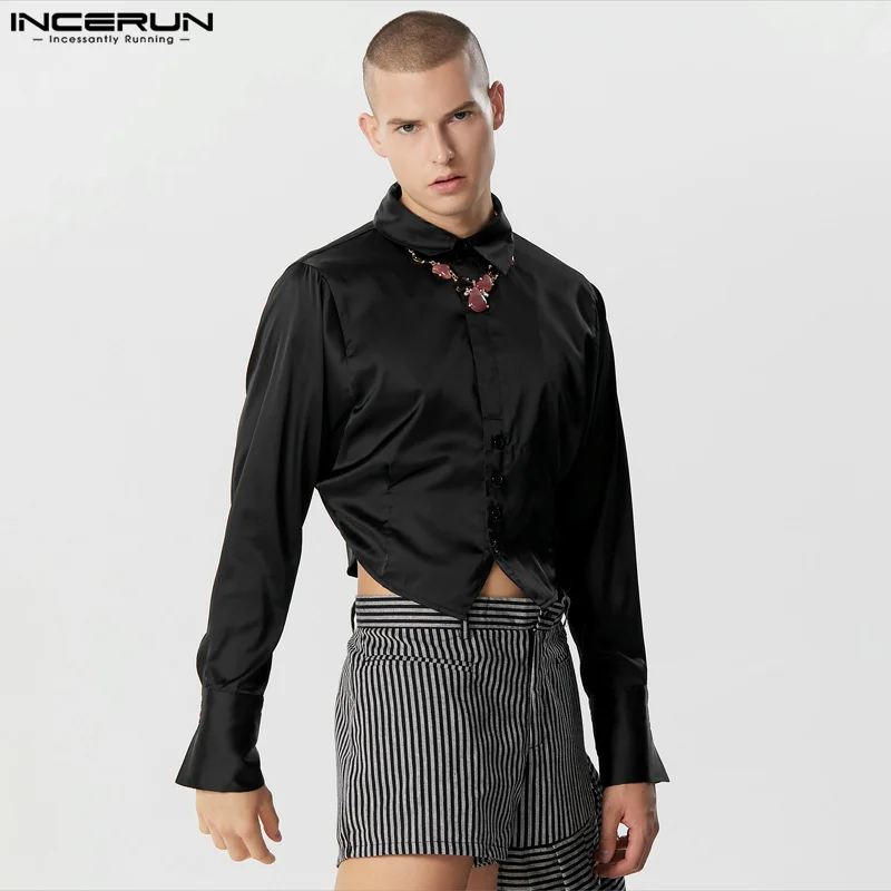 

Stylish Well Fitting Tops INCERUN Handsome Men's Batwed Sleeve Cropped Design Shirts Solid Satin Long Sleeved Lapel Blouse S-5XL