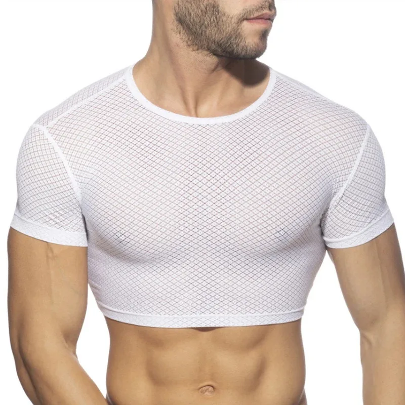 

Mens Undershirts Sexy Short Sleeve Mesh T-shirts Fitness Sport Crop Tops Gym Bodybuilding Muscle Short Tees T Shirts Men Clothes