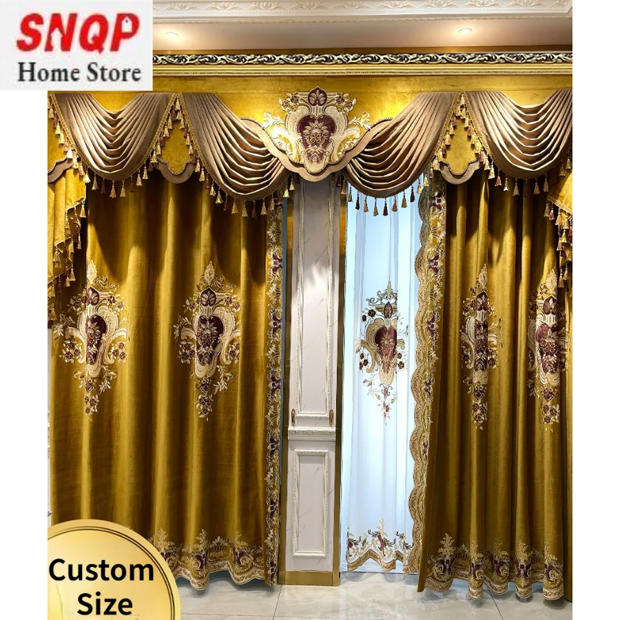 

Golden European Luxury Curtains for Living Room Blackout Bedroom Tulle Velvet Embroidery Palace Valance Elegant Hall Wedding
