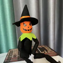 Halloween Pumpkin Doll Pumpkin Elf Decor Spooky Smiling Pumpkin Doll Handmade Halloween Decoration with Witch Hat Elf Cloak Long