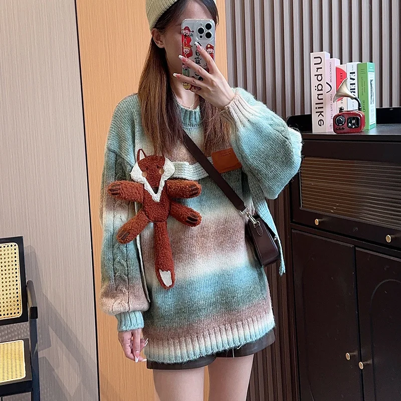 

Autumn and Winter Knitted Sweater Thick Warm Sweater Women O-neck Stripes Lazy Style Jumper Cute Fox Casual Basic Pullover Tops
