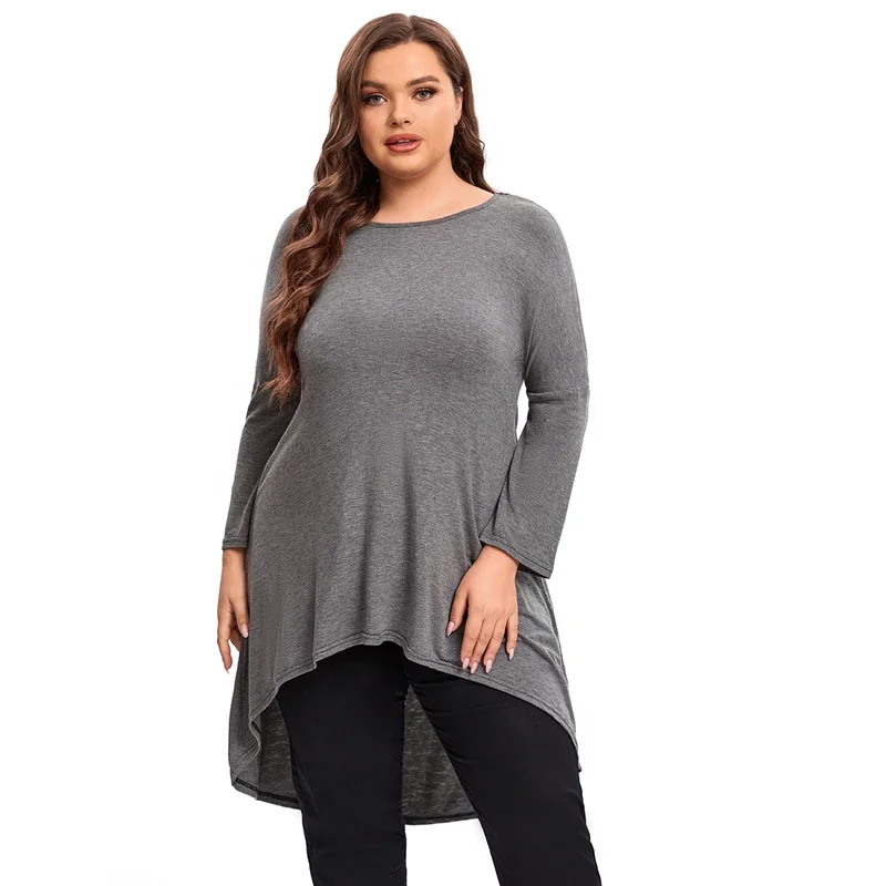 

Plus Size Long Sleeve Casual Hi Low Tunic Blouse Women Long Loose Fit Flare Swing Tops T Shirt Large Size Spring Fall Blouse 6XL