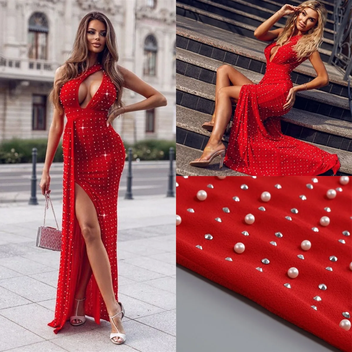 

Luxury Red Prom Dress Pearls Rivet Formal Party Evening Gown One Shoulder Celebrity Cocktail Sexy Side Split Robes In Stock