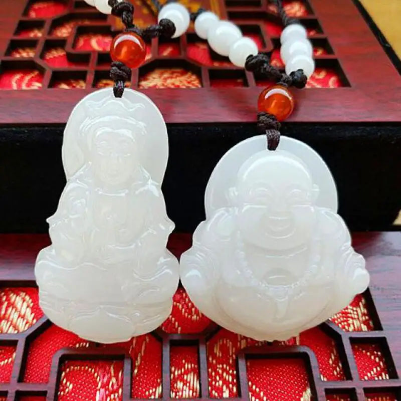 

Natural White Jade Guanyin Pendant Necklace Men Women Fine Jewelry Genuine Jades Buddha Feng Shui Charms Necklaces Sweater Chain