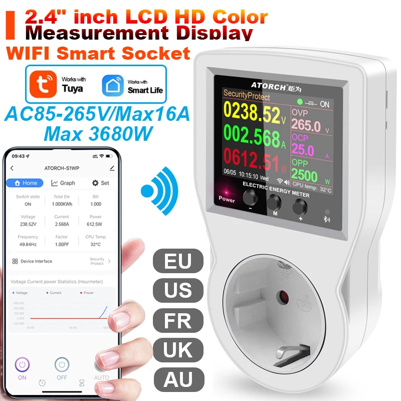 220V AC WIFI Smart Socket Digital Wattmeter EU Plug Power Meter Electricity consumption Power Kilowatt Wattage Energy Meter
220V AC WIFI Smart Socket Digital Wattmeter EU Plug Power Meter Electricity consumption Power Kilowatt Wattage Energy Meter