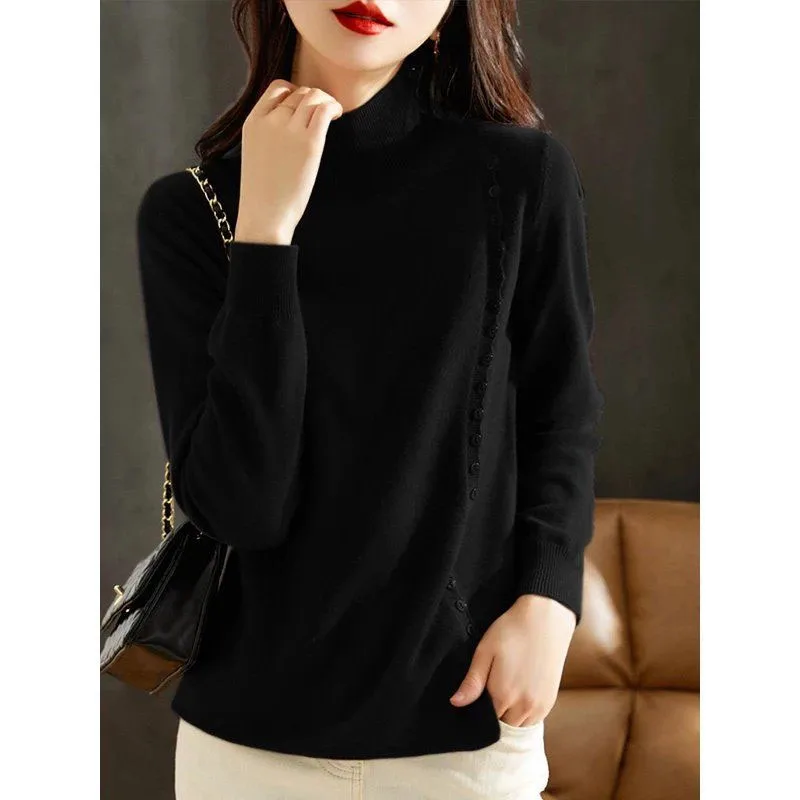 

New Autumn and Winter Fashion Lazy Style Solid Color Splice Half High Neck Loose Versatile Western Style Slim Women's Sweater