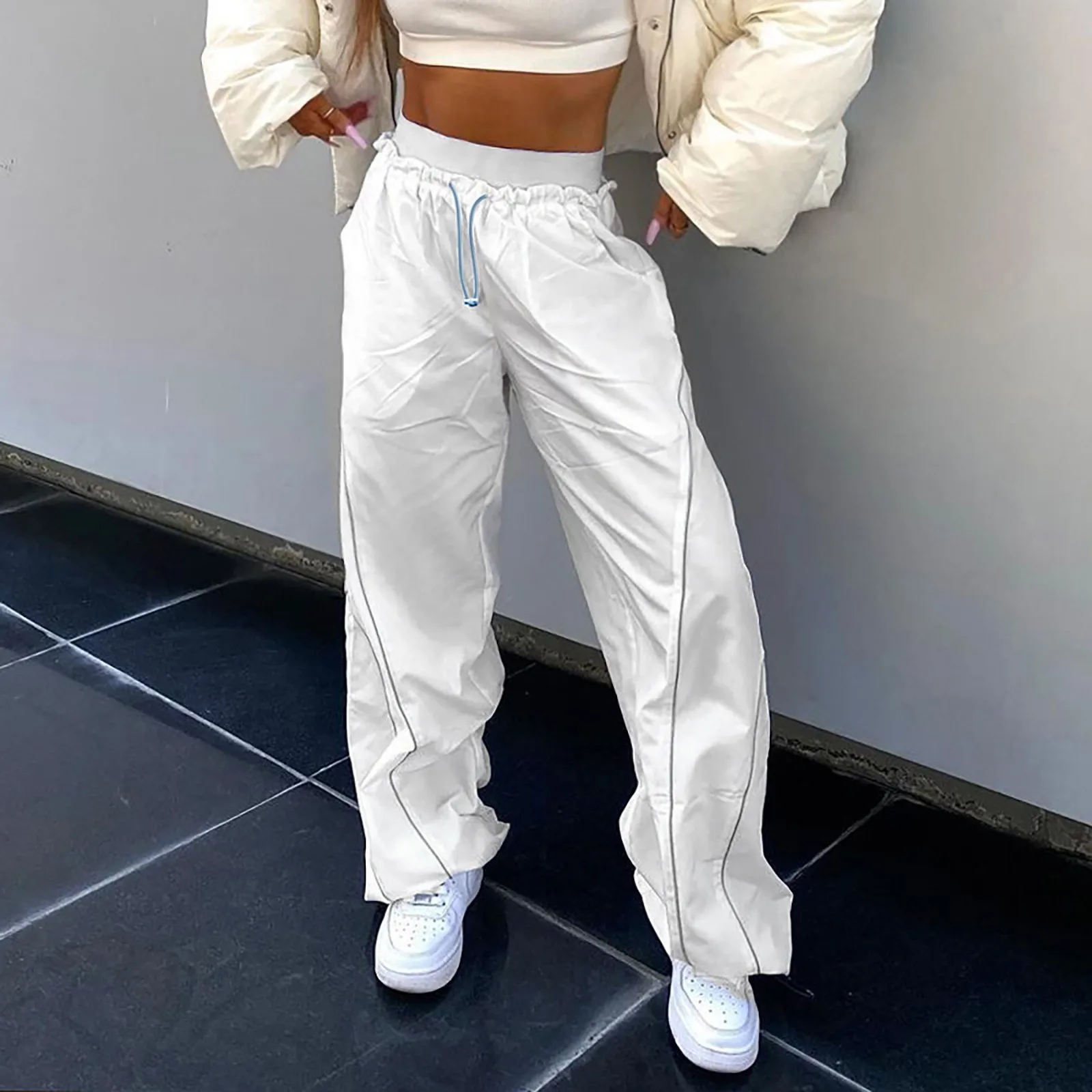 

Women Casual Wide Leg Cargo Pants Drawstring Solid Streetwear Elastic Waist Sweatpants Loose Y2K Joggers Hip Hop Baggy Trousers