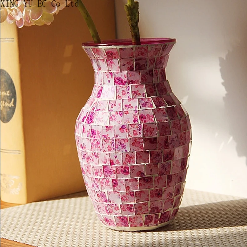 

European Style Pink Purple Floral Mosaic Glass Vase Modern Home Living Room Decoration Countertop Flower Arrangement Ornaments