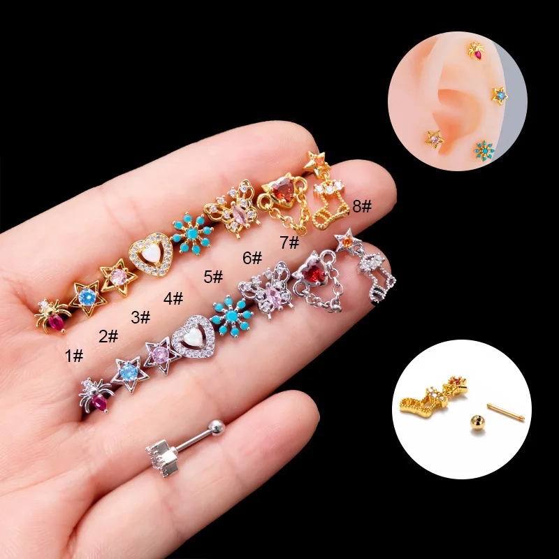 

1Piece Stainless Steel Heart Star Stud Earrings for Women Multicolor CZ Dangle Cartilage Earring Piercing Jewelry Christmas Gift