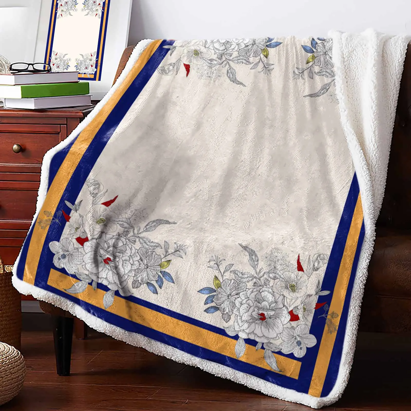 

Flower Stripes Blue Cashmere Blanket Warm Winter Soft Throw Blankets for Beds Sofa Wool Blanket Bedspread