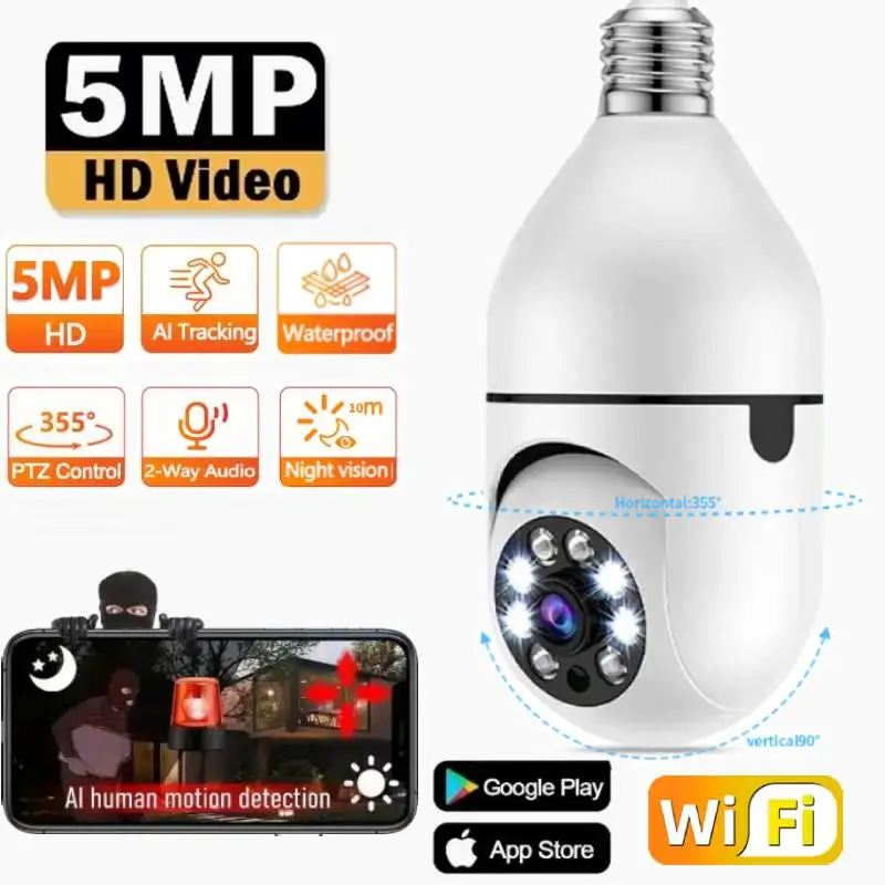 Беспроводная камера видеонаблюдения E27 с цветным ночным видением, 5 Мп
Беспроводная камера видеонаблюдения E27 с цветным ночным видением, 5 Мп