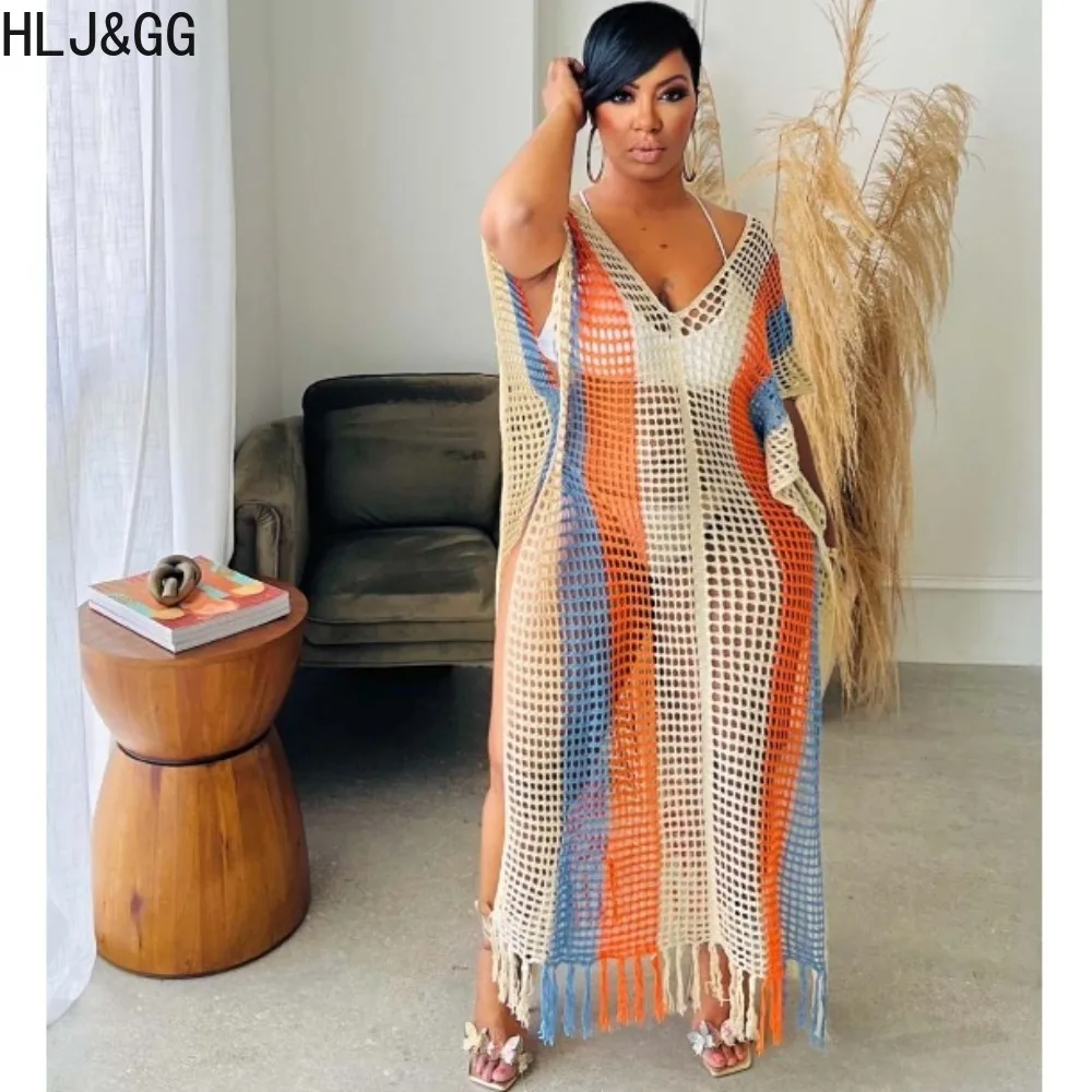 

HLJ&GG Summer Stripe Print Knitting Hollow Dress Women V Neck Short Sleeve Slit Tassels Vestidos Fashion Holiday Beach Clothing