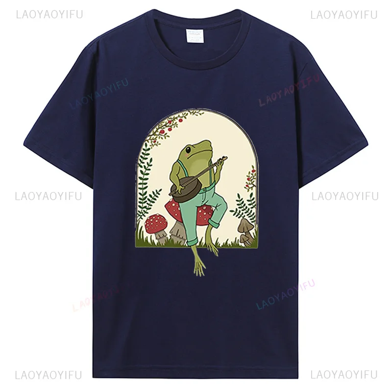 

Cute Cottagecore Printed T-shirts Aesthetic Frog Playing Banjo on Mushroom T Shirt Men Cotton Woman TShirt Clothing Camisetas