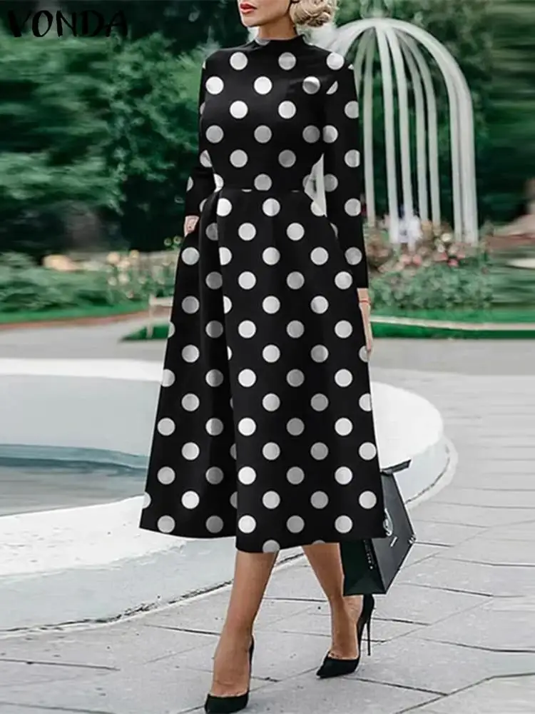 

VONDA Bohemian Dot Point Printed Midi Dress 2023 Women Long Shirt Sundress Autumn Stand Collar Long Sleeve Elegant Party Robe