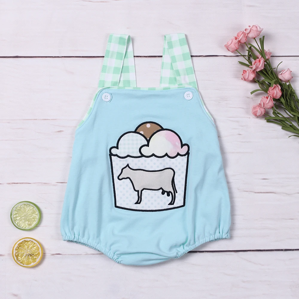 

2023 Ropa New Summer Green Lattice Sleeveless Baby Boy Jumpsuit Cow Pattern Strape Decorate Bodysuit Blue One-Piece Clothes