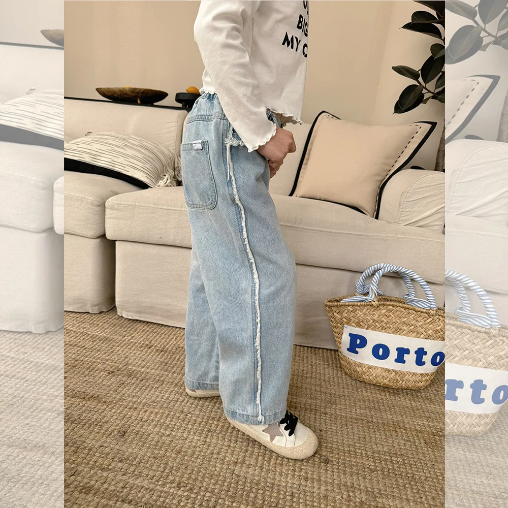 

Kids Pants Childrens Clothing Spring Korean Causal Jeans Girls Light Color Cowboy Straight Leg 2024 Elastic Waist