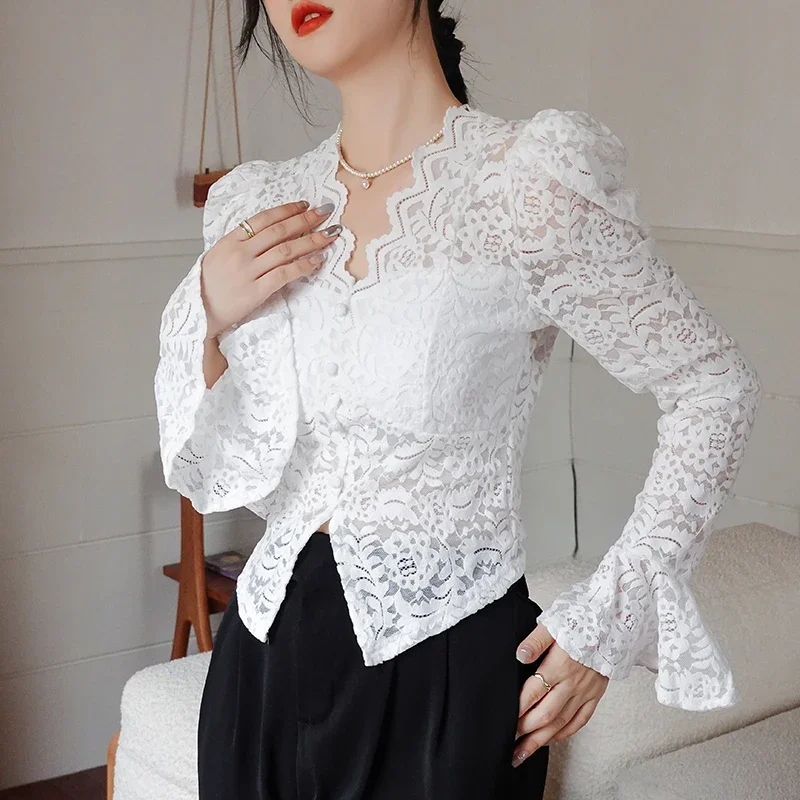 

2023 Vintage V-neck White Lace Shirts Flare Long Sleeve Women Elegant Short Tops Crochet Lace Sweet See Through Blouse 29561