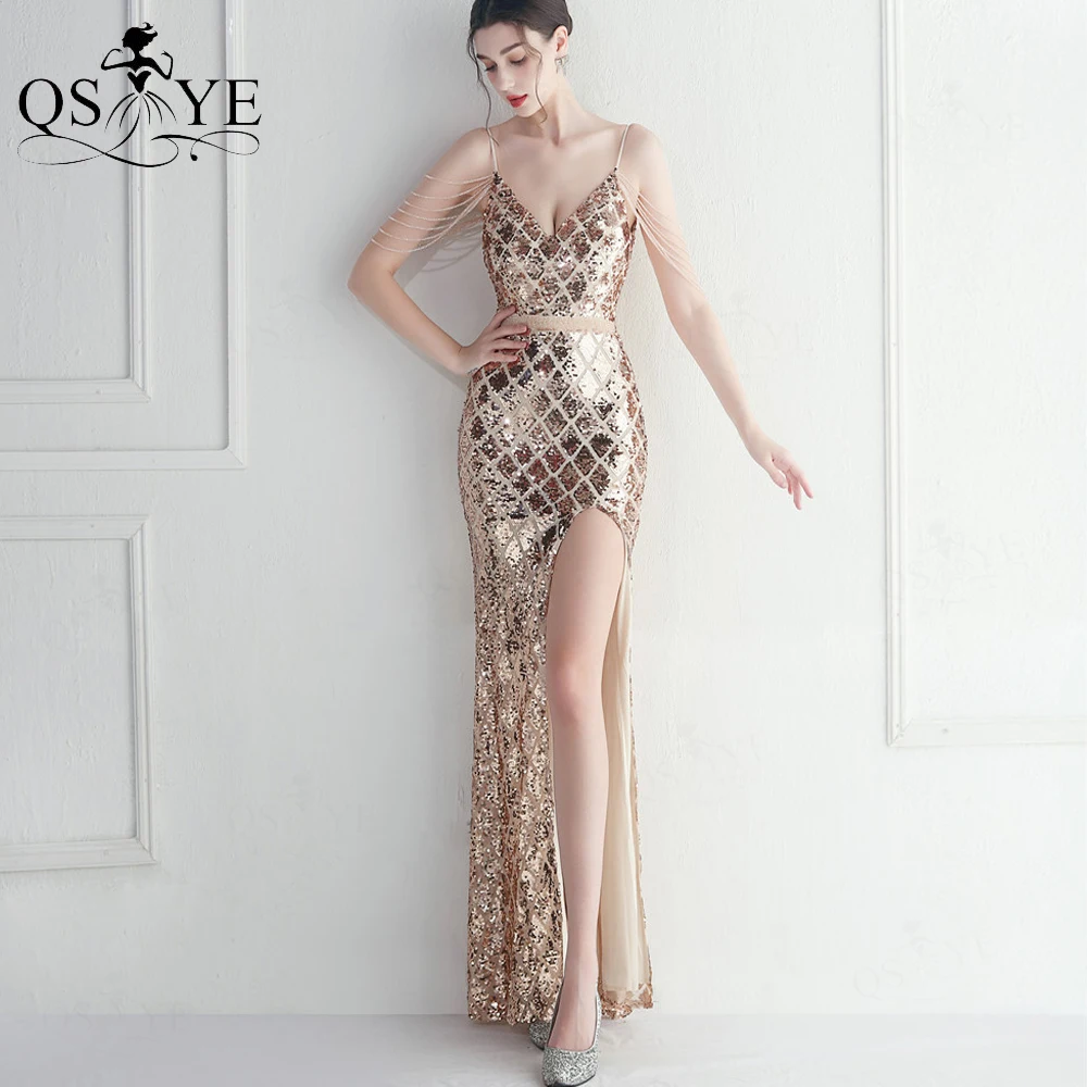 

Beading Sleeves Gold Long Prom Dresses Grid Pattern Sequin Lace Evening Gown Straps Crystal Belt V Neck Golden Split Party Dress