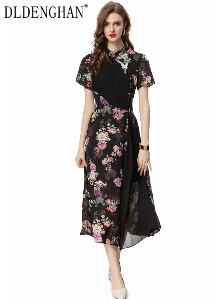 

DLDENGHAN Summer Chinese Style Dress Women Stand Collar Short Sleeve Butterfly Beading Flower Print Vintage Dresses Fashion New