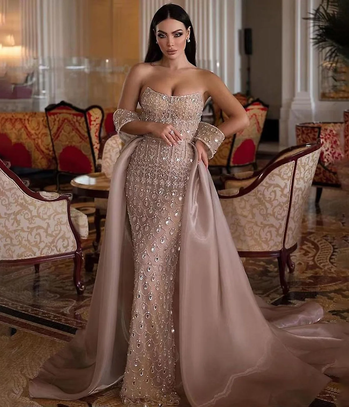 Linyang Champagne Off Shoulder Arabic Evening Dress Beaded Mermaid Elegant Dubai Women Wedding Party Gowns with Overskirt
Linyang Champagne Off Shoulder Arabic Evening Dress Beaded Mermaid Elegant Dubai Women Wedding Party Gowns with Overskirt