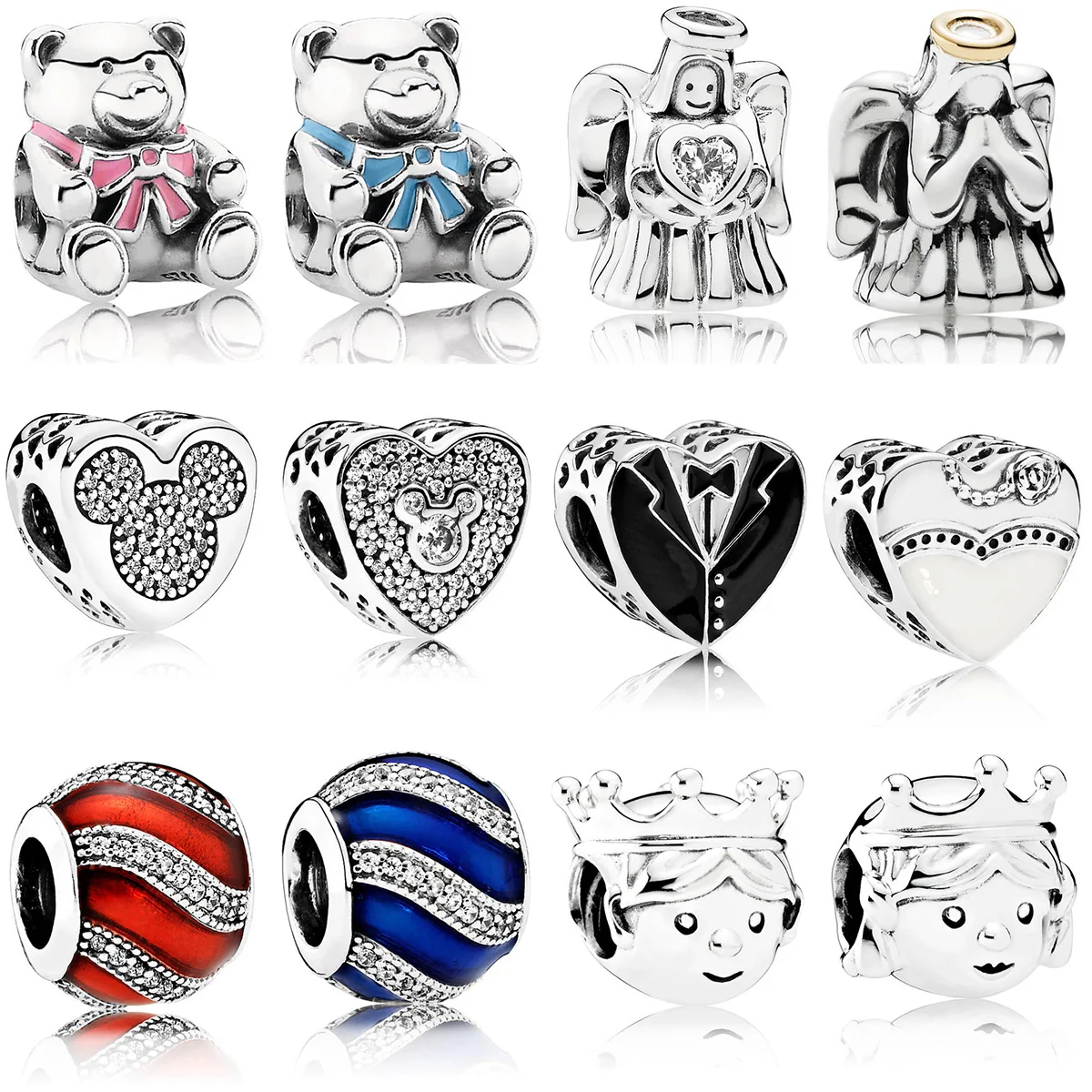 

Silver Color Beads Wave Bear Mouse Dress Glaze Crystal Heart Bead For Original Pandora Charm Bracelets & Bangles Jewelry