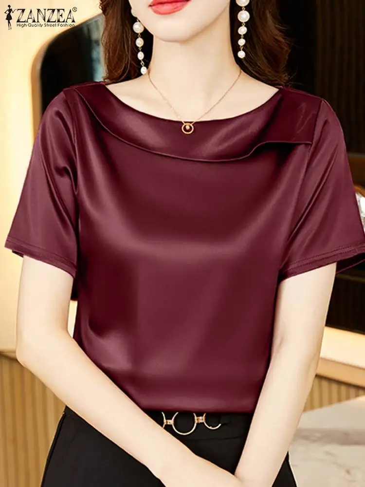 

2024 ZANZEA Elegant Short Sleeve Office Blouse Women Casual OL Work Shirt Satin Blusas Summer Fashion Solid Tunic Tops Oversize