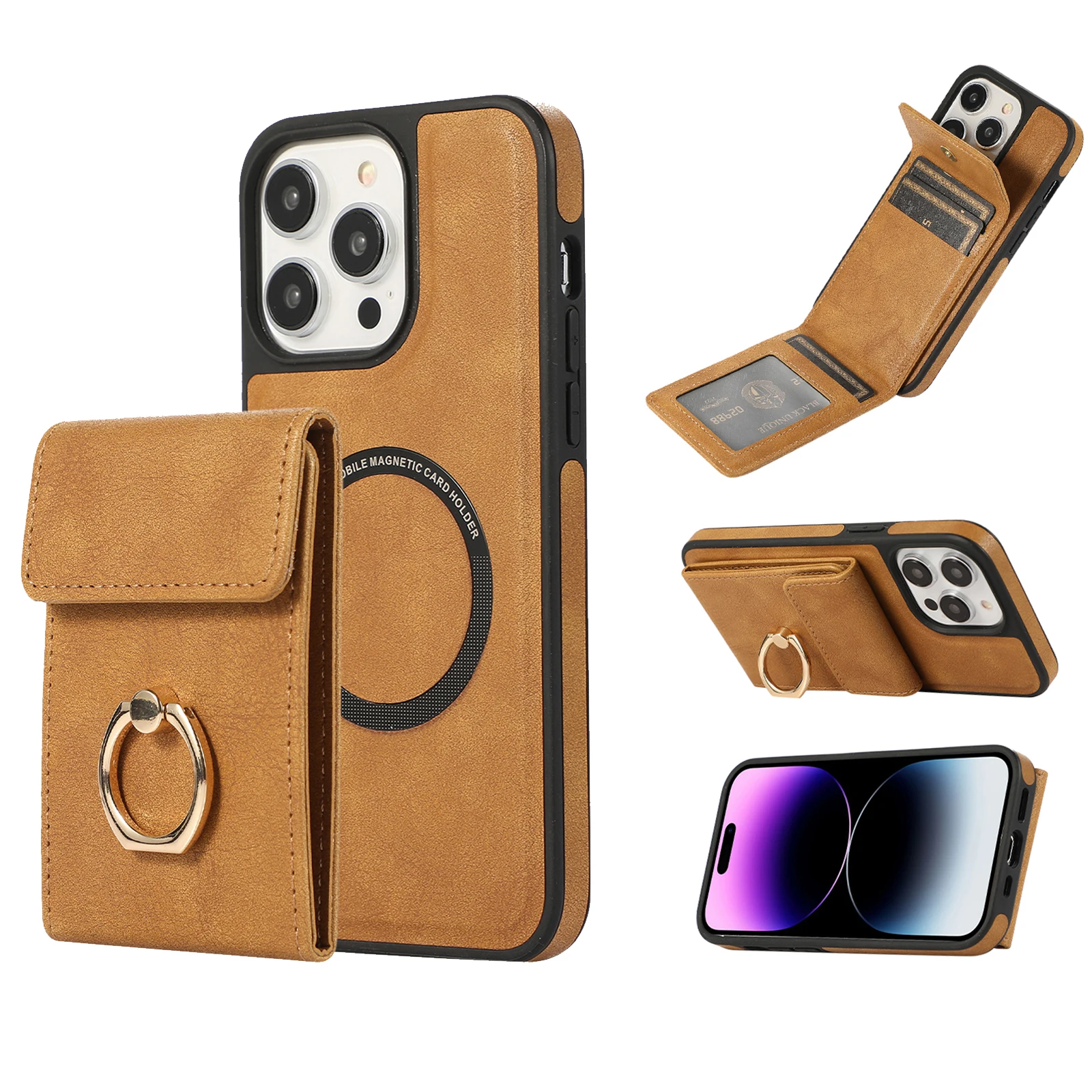 

2in1 Detachable Card Holder Wallet Case for iPhone 15 Pro 14 13 12, Leather Magnetic Magsafe Wireless Charging Kickstand Cover