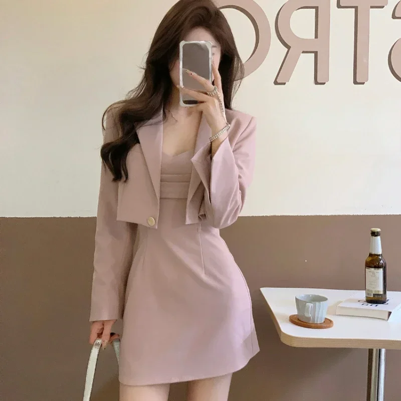 2 Piece Set Women Y2k Crop Top Blazers + Mini Strap Office Lady Korean Clothes Elegant Short Party Dress 2023 Autumn 
2 Piece Set Women Y2k Crop Top Blazers + Mini Strap Office Lady Korean Clothes Elegant Short Party Dress 2023 Autumn