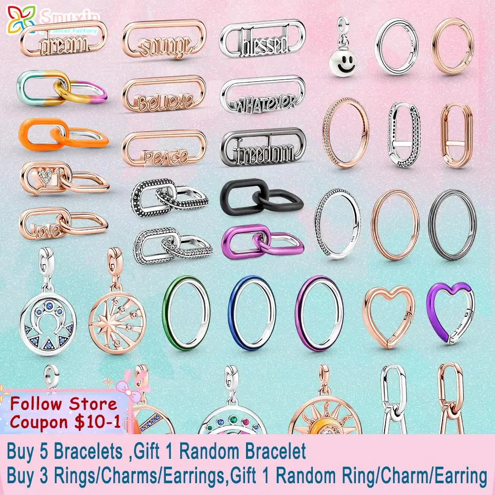 

Smuxin 925 Sterling Silver Me Earrings Me Rings Round Connector Word Link Medallion Charms fit Original Pandora ME Bracelets