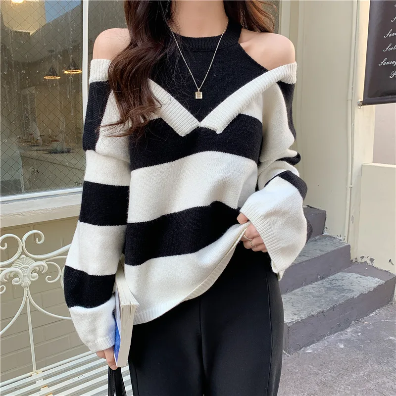 Off-Shoulder Ladies Sweater Women 2023 Autumn Winter New Contrast Color Design Slim Pullover Knitwear Women
Off-Shoulder Ladies Sweater Women 2023 Autumn Winter New Contrast Color Design Slim Pullover Knitwear Women
