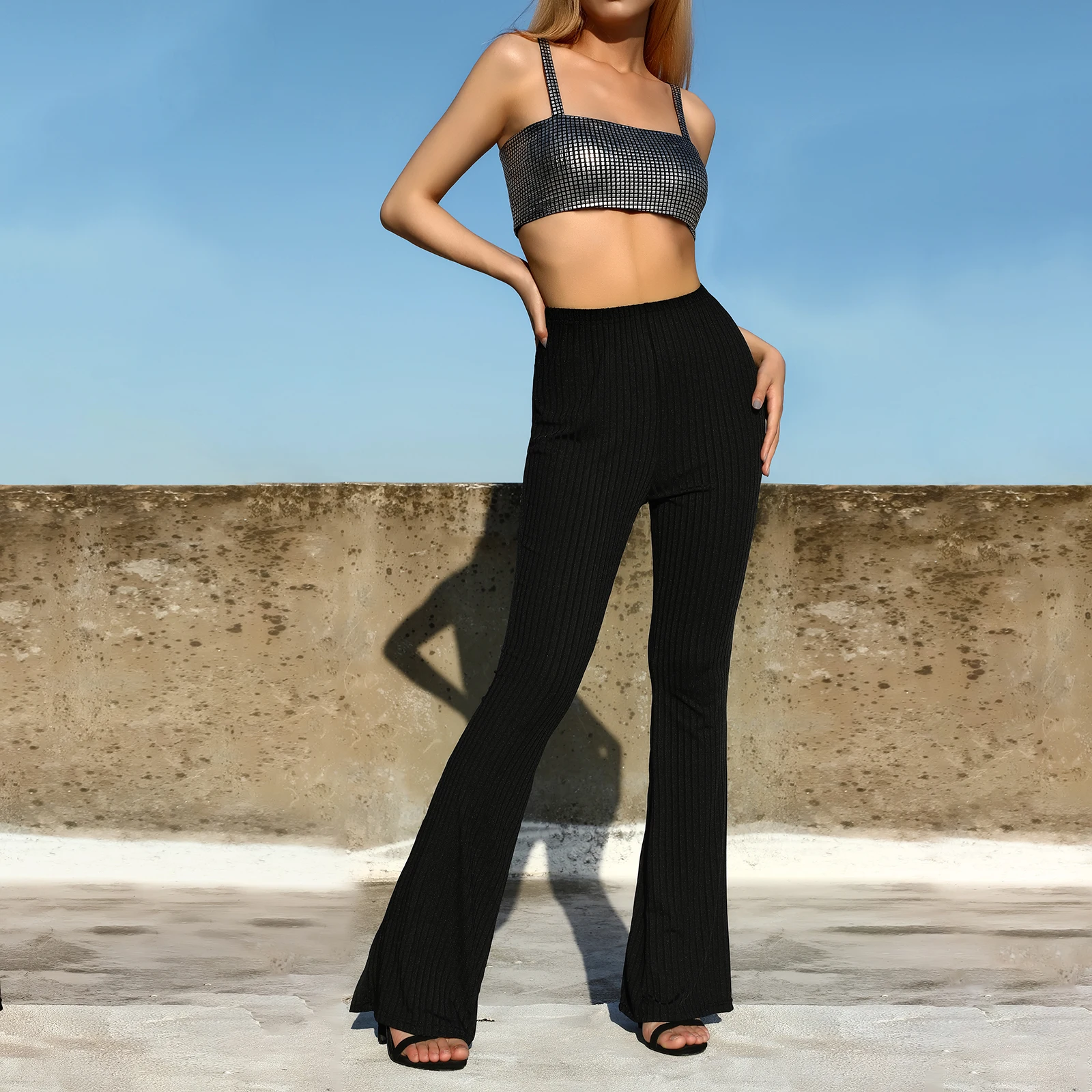

Fashion Women's Sexy Trousers Close-fitting Flared Solid Color Flare High Waist Pants Casual Outfits Y2k Streetwear Summer