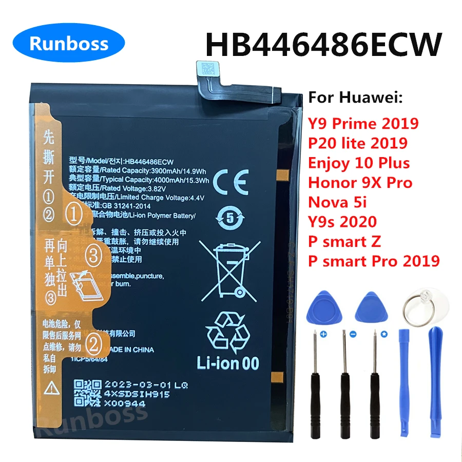 

New Original HB446486ECW 4000mAh Battery for Huawei Y9 Prime,P20 lite 2019,Enjoy 10 Plus,Honor 9X Pro,Nova 5i,Y9s 2020,P smart Z