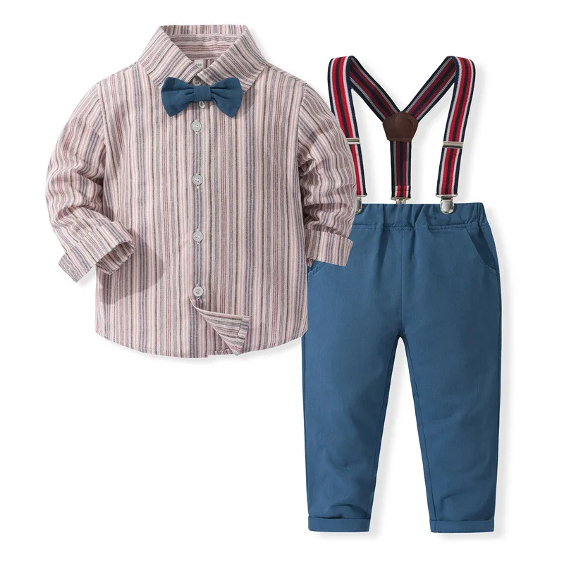 

4Piece Spring Fall Kids Clothes Boys Fashion Stripe Cotton Gentleman Baby T-shirt+Pants+Tie+Straps Children Clothing Set BC315
