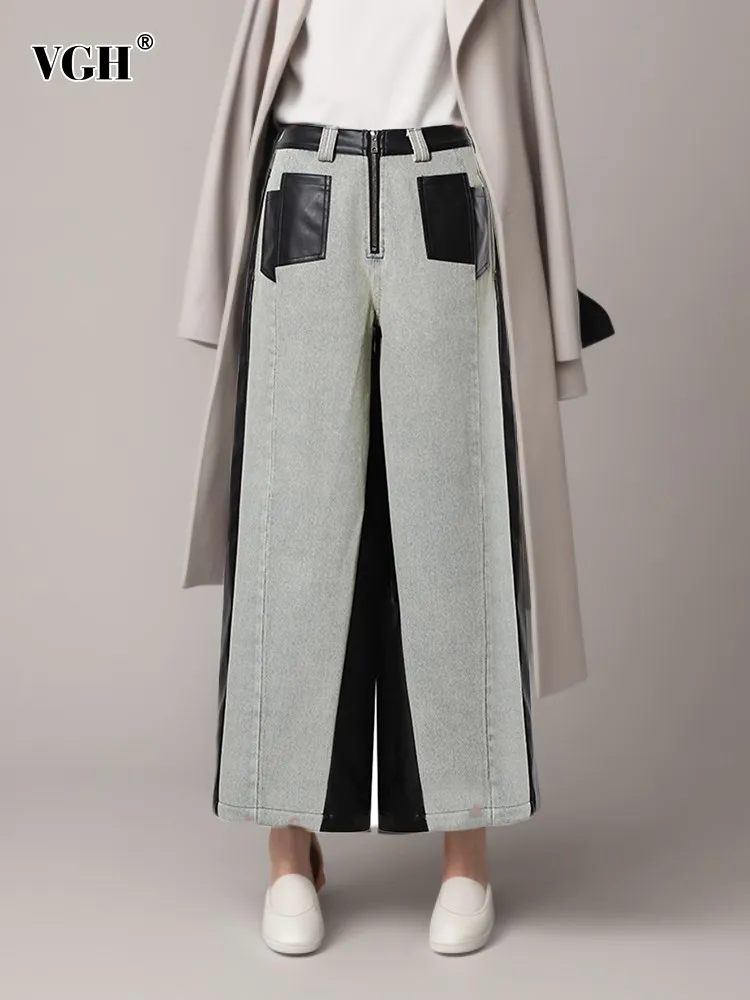 

VGH hit color spliced pocket denim trousers for women high waist patchwork zipper minimalist loose wide leg pants female fashion
